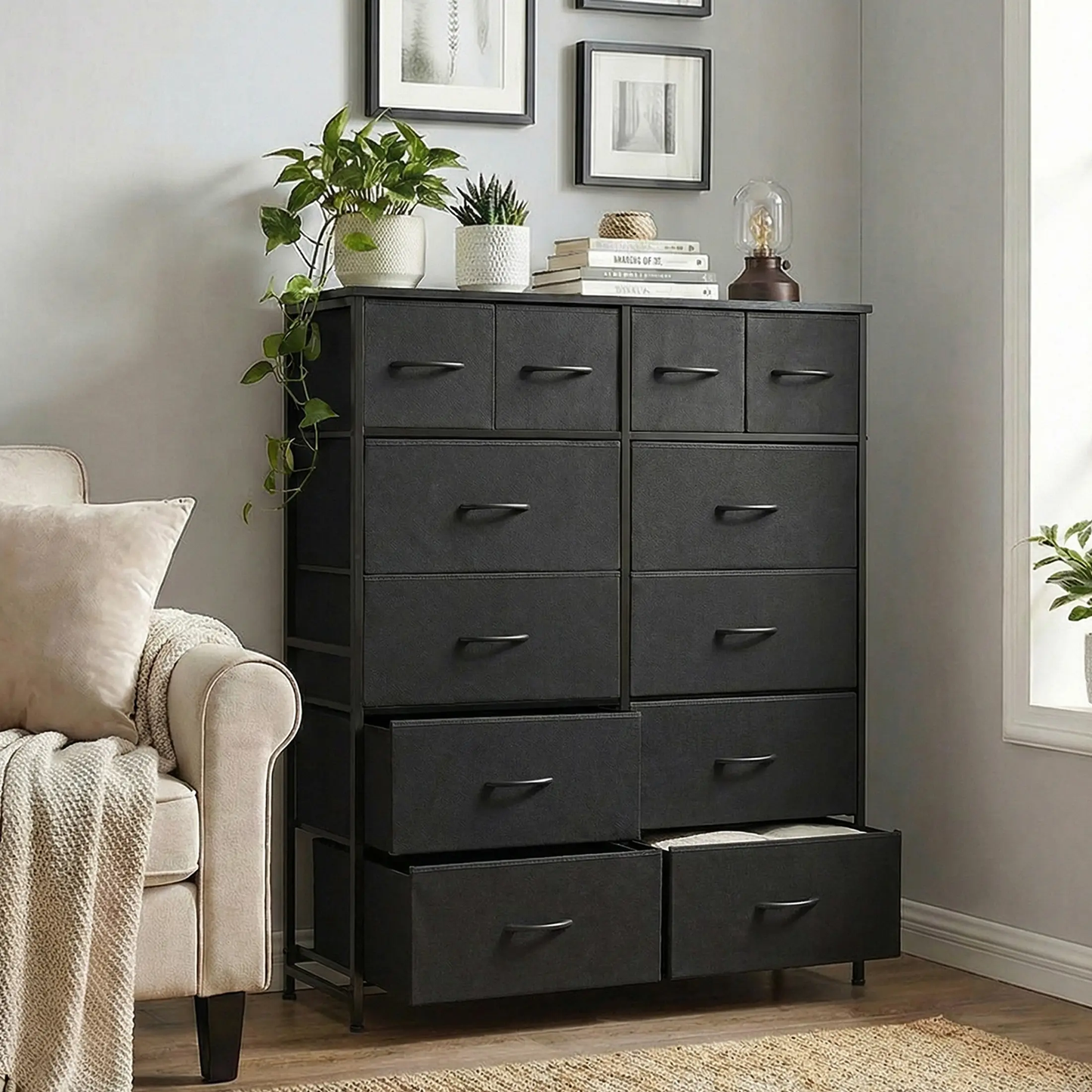 12-Drawer Fabric Dresser with Wood Top & Metal Frame