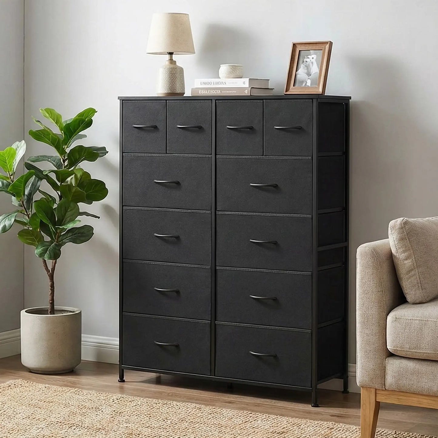 12-Drawer Fabric Dresser with Wood Top & Metal Frame