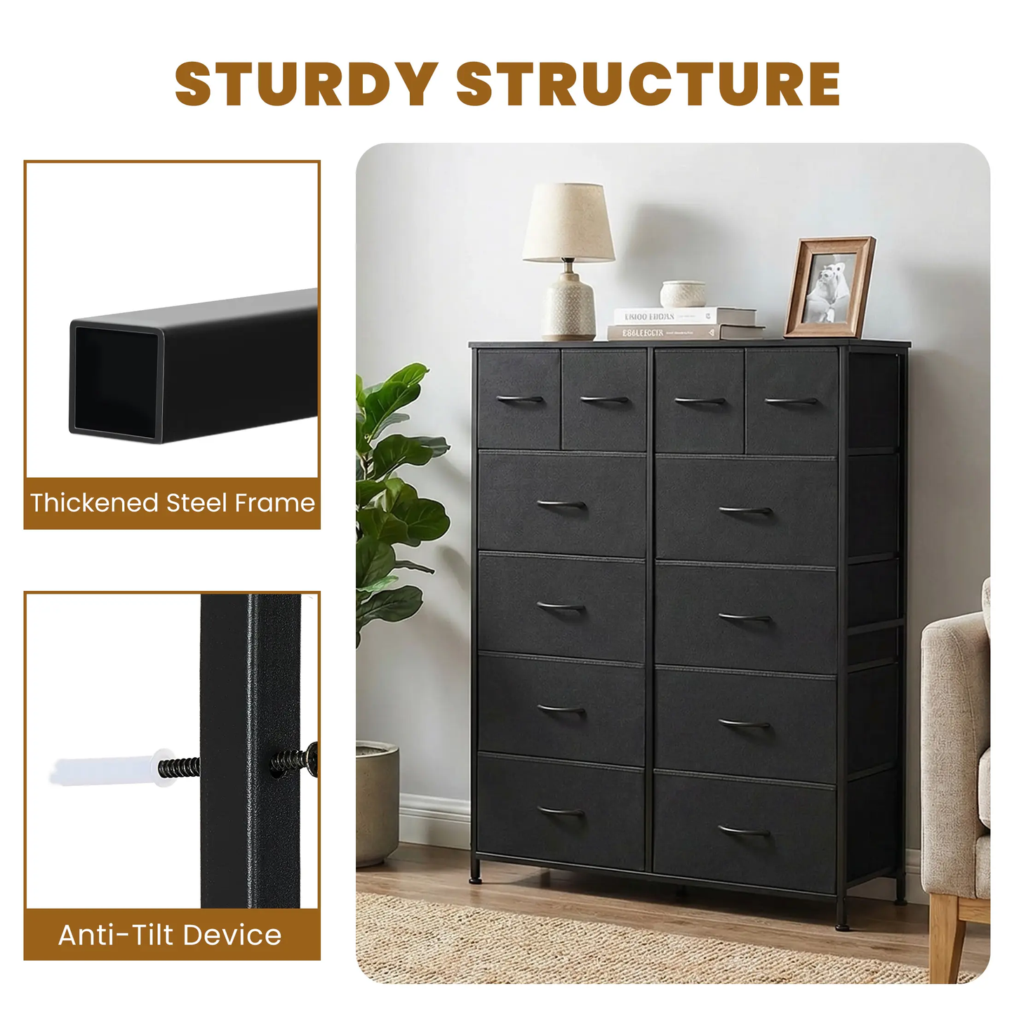 12-Drawer Fabric Dresser with Wood Top & Metal Frame